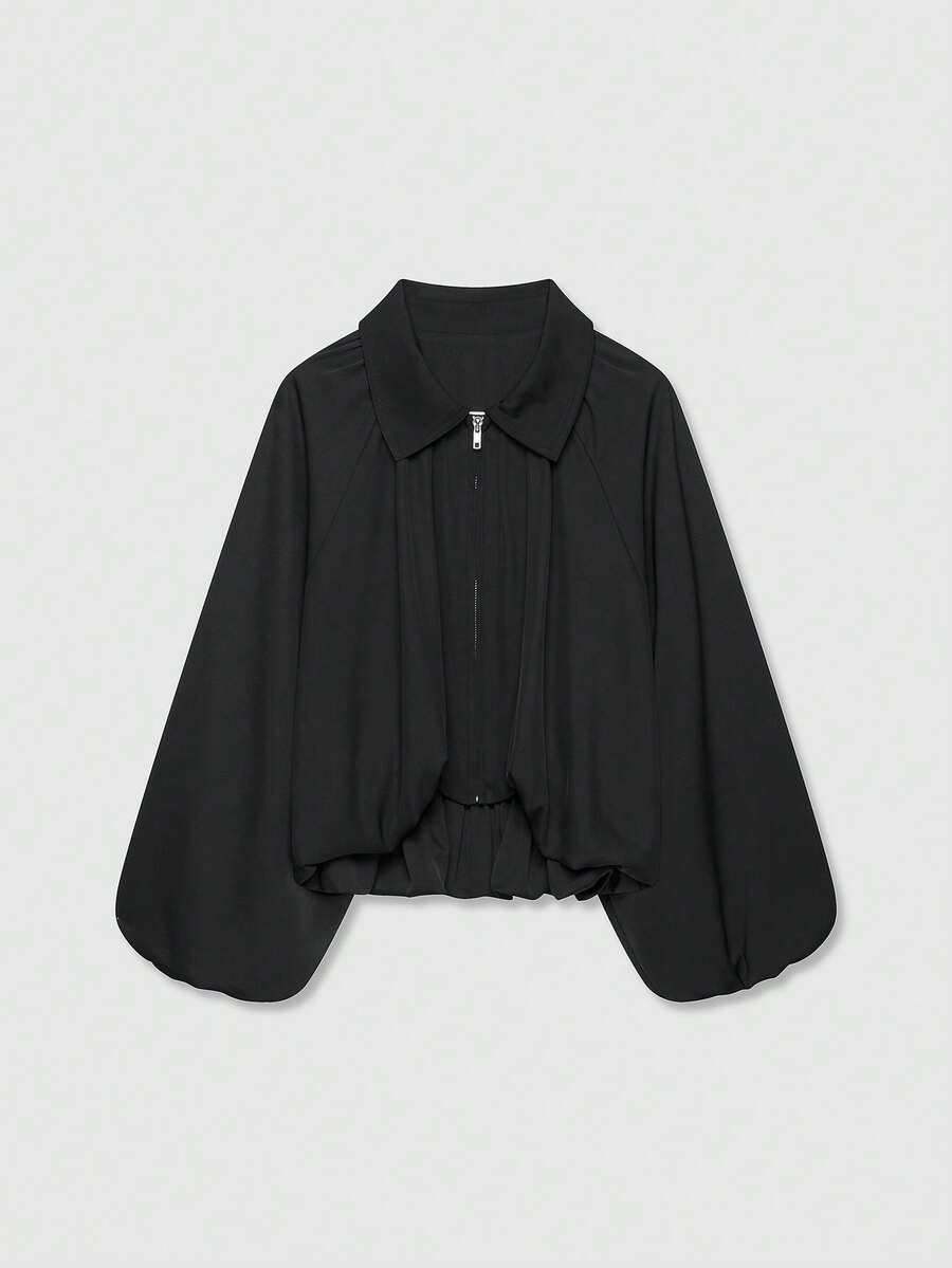 Áo khoác bomber dài tay cổ bẻ khóa kéo dáng casual mùa xuân dành cho nữ - màu đen - Xem 1