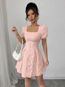 Vestido de mujer de manga abullonada y cuello cuadrado, de moda para el verano - Morado - Ver 10