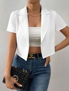 Blazer casual de mujer de manga corta y un solo botón en color liso y sobredimensionado - Blanco - Ver 7