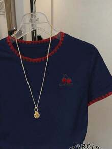 Camiseta casual de mujer con ribete de contraste, lazo y estampado de corazón, para verano - Azul marino - Ver 4