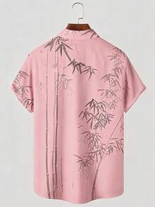 男士輕量寬鬆短袖襯衫，夏威夷竹葉印花 - 粉色 - 查看 3
