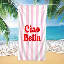 1条Ciao Bella沙滩巾 - 粉白条纹超细纤维，速干吸水，柔软轻便，适合瑜伽、游泳、露营和沙滩活动，沙滩必备用品 - 彩色 - 查看 7