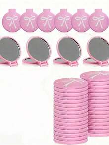 1/2/6/10/20/30/50/80pcs Pink Bow Portable Folding Makeup Mirror Set. Features Foldable Glass Surface. Ideal As Round Pocket Mirror, Perfect For Parties Or As A Thoughtful Gift - A - View 3