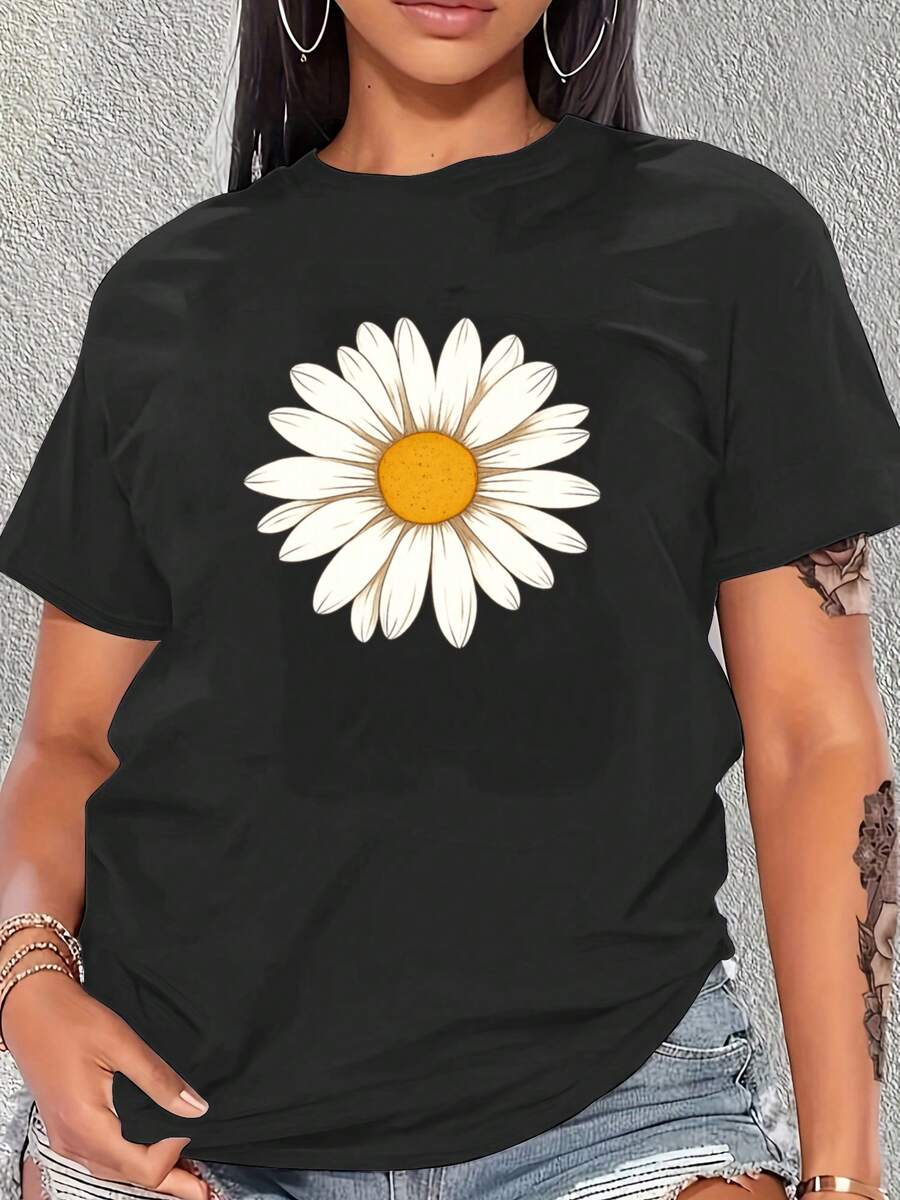This Women's Short-Sleeved T-Shirt, Available In Five Colors, Features A Simple And Elegant Sunflower Design. The Yellow Center And White Petals Evoke A Sense Of Warmth And Freshness, Perfect For Those Who Love Nature And Minimalist Style. - 黑色 - 查看 1