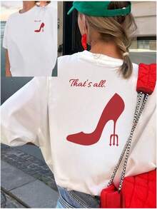Camiseta casual para mujer, eso es todo, moderna, de manga corta con estampados de tacones altos en la parte delantera y trasera, diseño de doble cara - diseño personalizado, ropa de uso diario para mujer - camiseta casual de cuello redondo, tela de elasticidad media - ajuste cómodo, 100% algodón. - Blanco - Ver 7