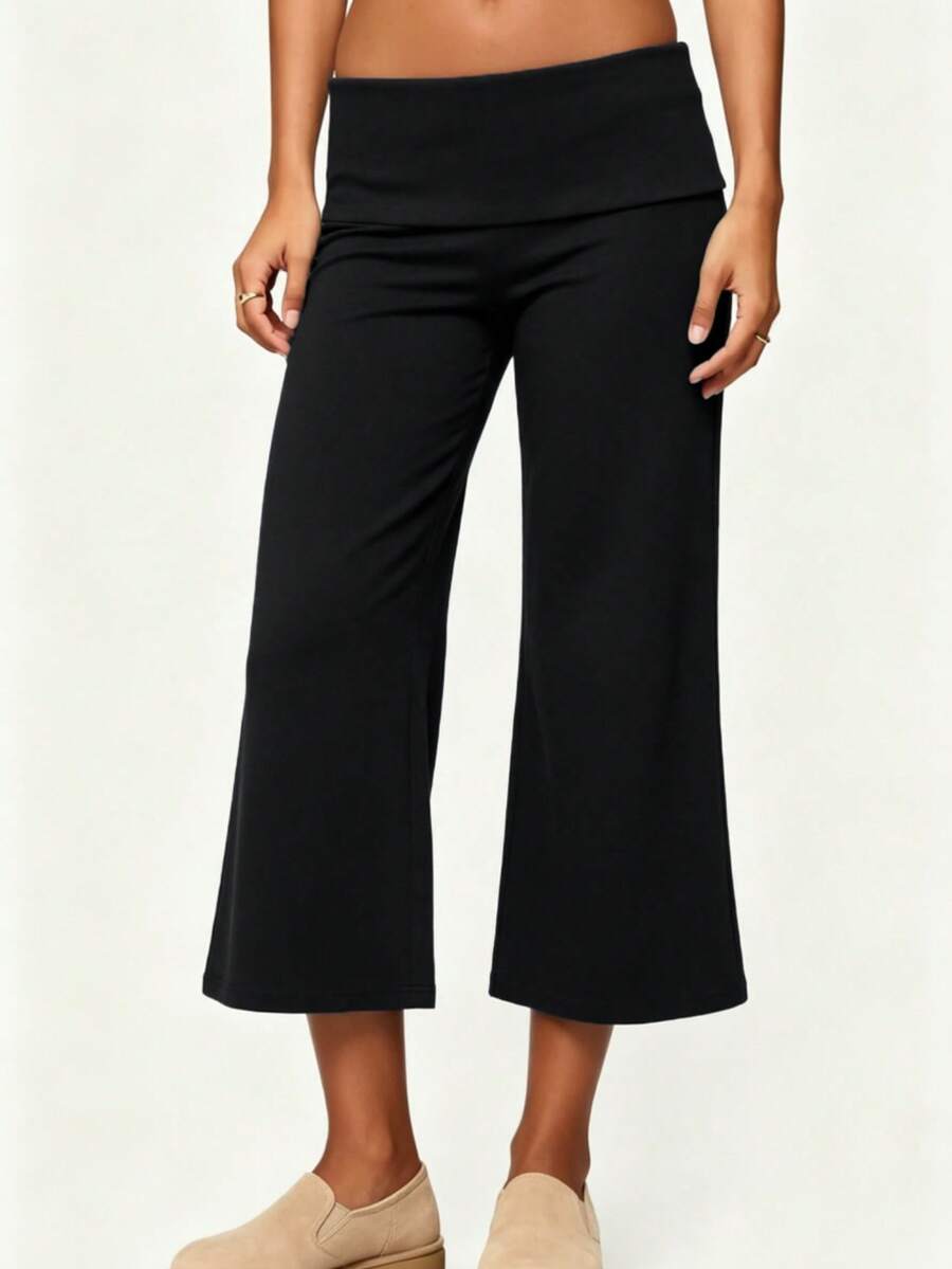 Womens Low Rise Capri Pants Fold Over Waistband Solid Color Slim Fit Cropped Pants Trousers - 黑色 - 查看 1