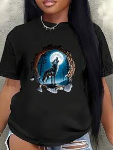 Short-Sleeved T-Shirt, Decorated With A Wolf Howling At The Moon, Lightweight And Durable, Suitable For Casual Wear At Home, Outdoors, Or In Restaurants; Comfortable And Well-Fitting For Everyday Wear. Women's Casual Blouse - 黑色 - 查看 7