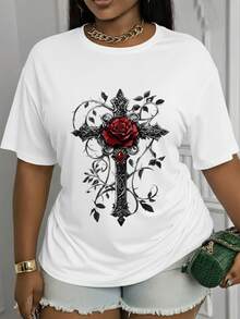 Suave, transpirable y ligera para comodidad durante todo el día. Estampado gótico de cruz de rosas, camiseta casual de primavera/verano, lavable a máquina, camiseta base elegante, adecuada para vacaciones y festivales, moderna y versátil, tela cómoda, ropa de temporada, camiseta duradera. Cuello redondo clásico con un corte relajado que favorece todas las formas del cuerpo y fácil de combinar con jeans, shorts y leggings. - Blanco - Ver 12