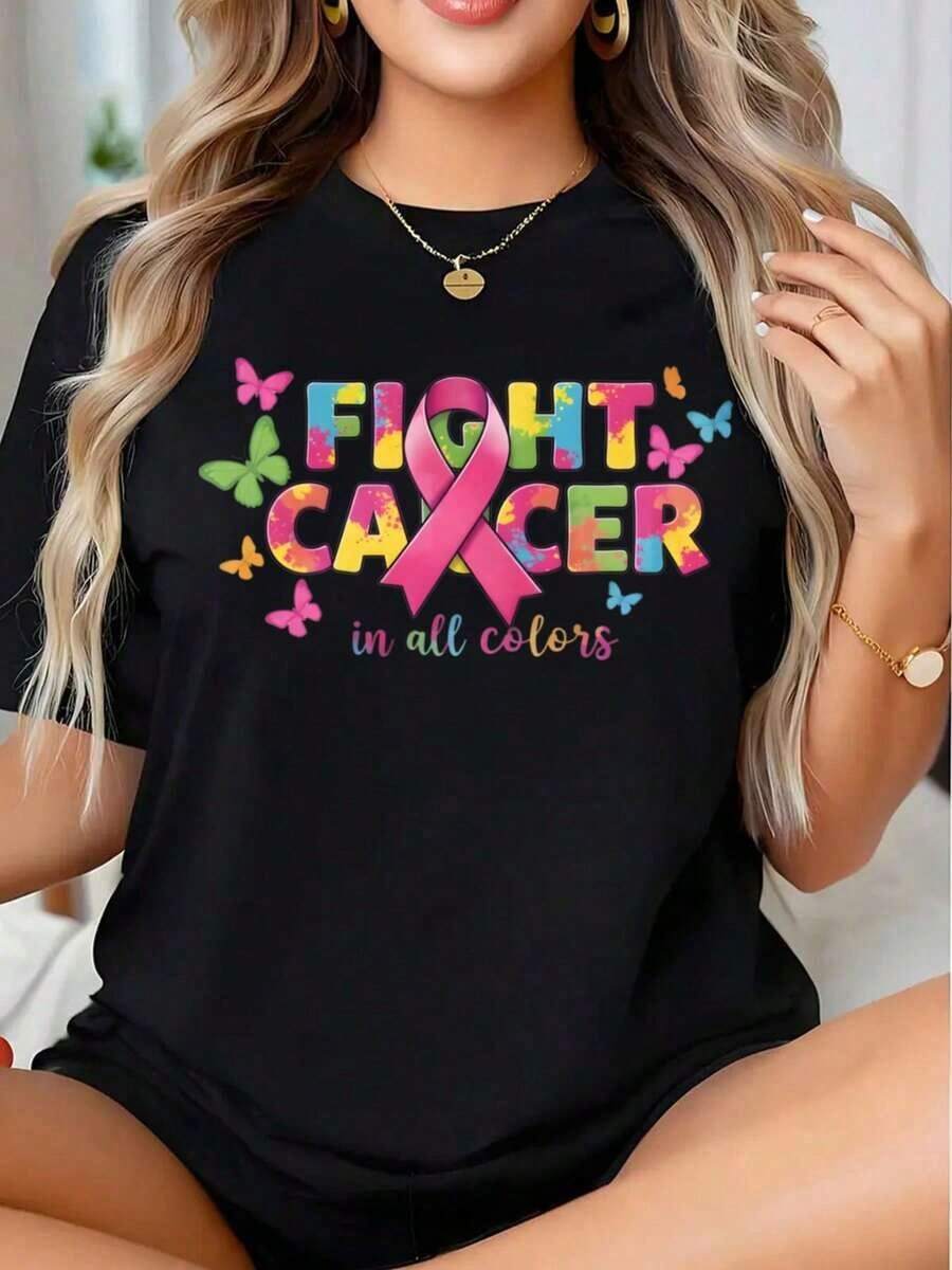 Lucha Contra El Cáncer En Todos Los Colores - Camiseta De Concientización Con La Cinta Rosa Para Apoyar Y Solidarizarse Con El Cáncer De Mama - Estilo Urbano Vintage Unisex, Camiseta De Manga Corta De Algodón Suelto Con Cuello Redondo, 100% Algodón - Negro - Ver 1