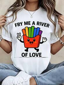 Cute T-Shirt With Rainbow French Fries And "Fry Me A River Of Love" Print For Casual And Sporty Outfits - Unisex Vintage Urban Style, Loose Cotton Short Sleeve Crew Neck T-Shirt, 100% Cotton - 白色 - 查看 1
