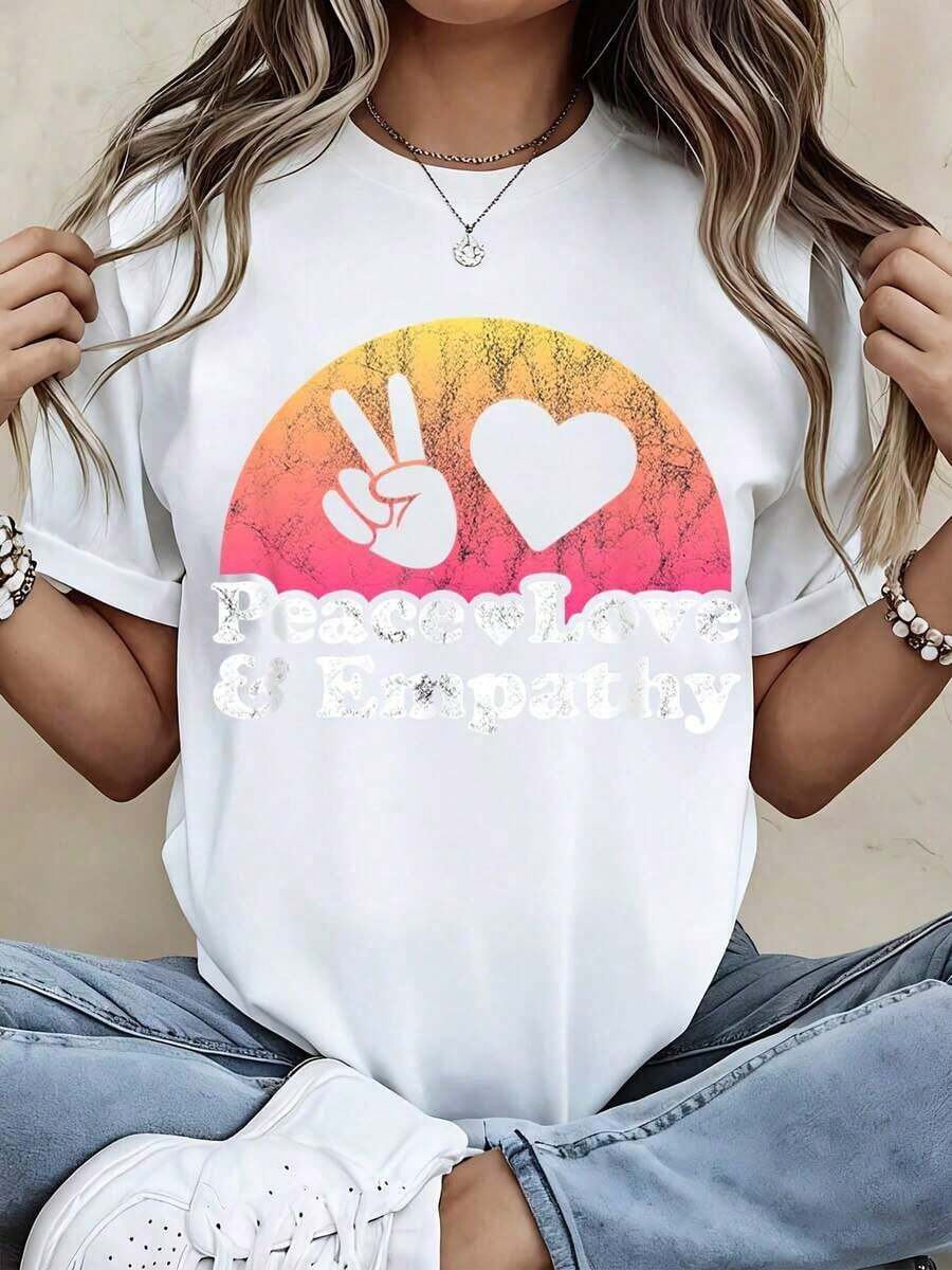 Camiseta Gráfica de Paz, Amor y Empatía con Diseño de Símbolo de Paz, Corazón y Atardecer para Atuendos Casuales y Deportivos - Estilo Urbano Vintage Unisex, Camiseta de Manga Corta de Algodón 100% con Cuello Redondo - Blanco - Ver 1