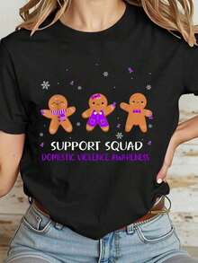 Camiseta Casual 100% Algodón para Mujer, con Diseño de Galleta Navideña y Mensaje de Apoyo a la Concientización sobre Violencia Doméstica - Negro - Ver 7