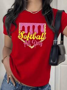 Camiseta con Estampado Gráfico de Softbol para Todo el Día, 180g, 1 Pieza, Temática Deportiva, Casual para Mujer, 100% Algodón, Ropa de Calle de Verano - Rojo - Ver 9
