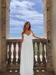Vestido largo bandeau sin mangas ajustado espalda descubierta estilo europeo elegante verano fiesta nueva colección femenina - Blanco - Ver 4