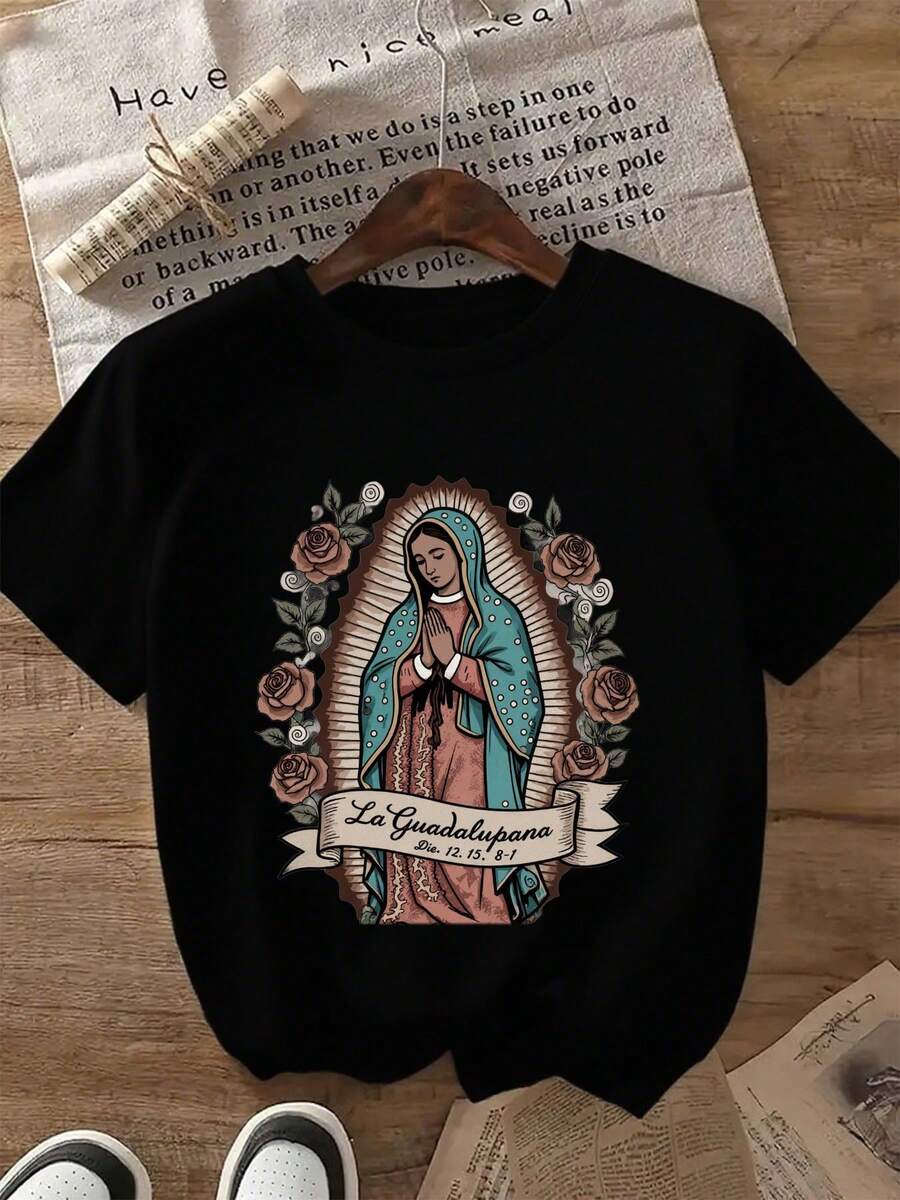 Una camiseta de manga corta para mujer, moderna, a la moda, retro, casual y holgada, adecuada para actividades al aire libre en primavera y verano, camiseta roja de manga corta con diseño La Guadalupana - 220G, tela cómoda, top casual unisex, perfecta para uso diario y como regalo - diseño elegante con temática de rosas.blusas para mujer,blusas casuales para dama,tops,, mujer premium,y2k,playeras de mujer curvy,ofertas y liquidaciones ropa mujer,playeras deportivas para mujer,,playeras de hombre, mujer,blusas>elegante BL3M - Negro - Ver 1