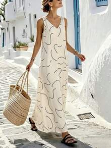 Women's Long, Loose-Fitting Dress With A Linen Texture And Abstract Lines - 白色 - 查看 3