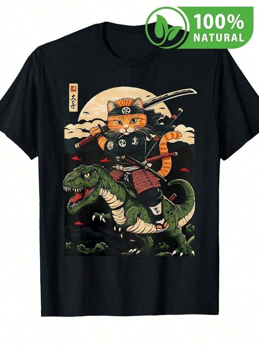 Camiseta Samurai Gato sobre Dinosaurio Retro Japón Anime para Hombre Mujer México - Negro - Ver 1