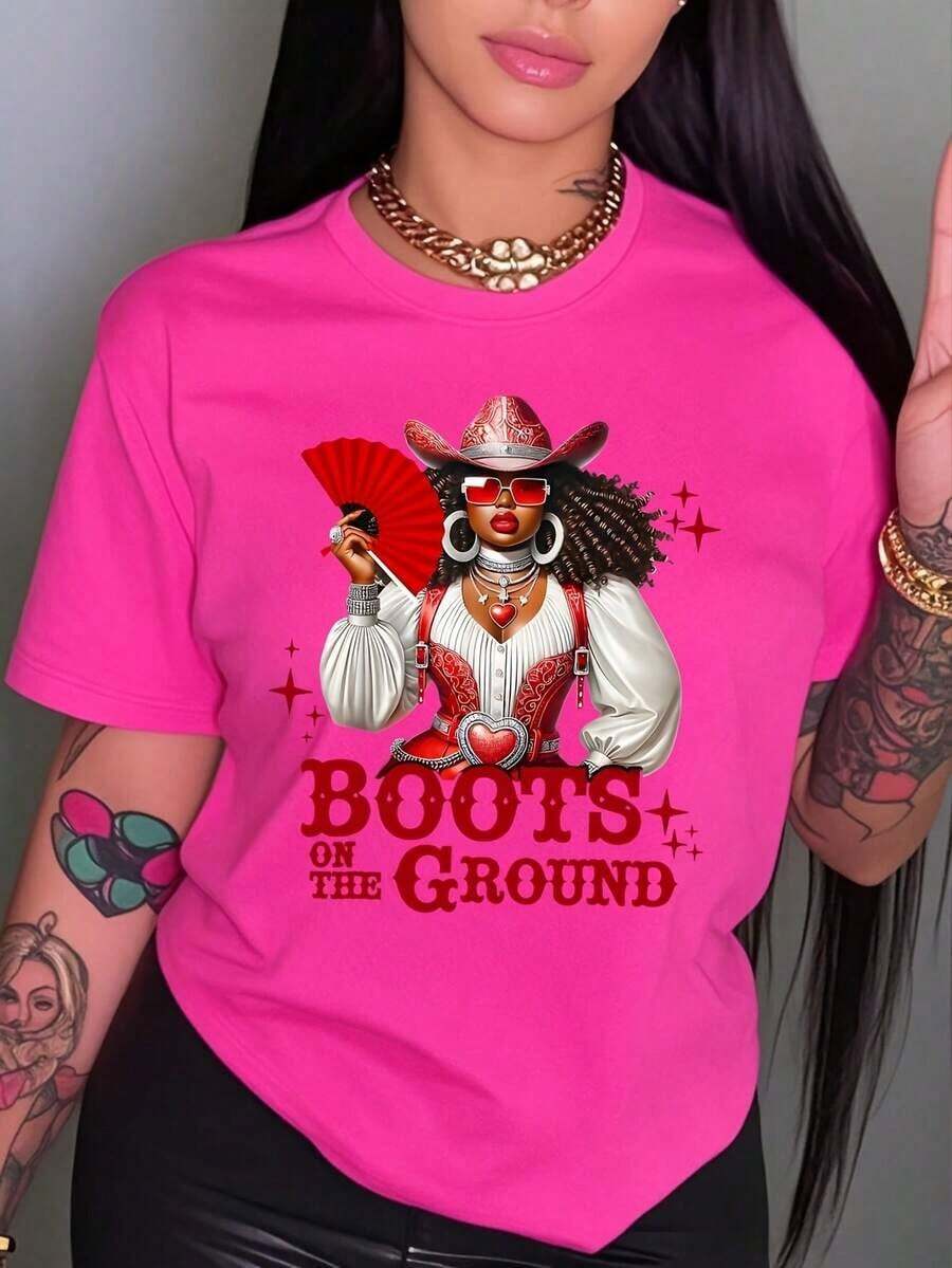Plus-Size Women's Western Cowboy Print T-Shirt, Vintage Street Style With Striking Red Lettering And Shiny Stars, Comfortable And Loose-Fitting Casual Wear, Suitable For Holiday Outdoor Activities, Fashionable Printed Top - 粉色 - 查看 1