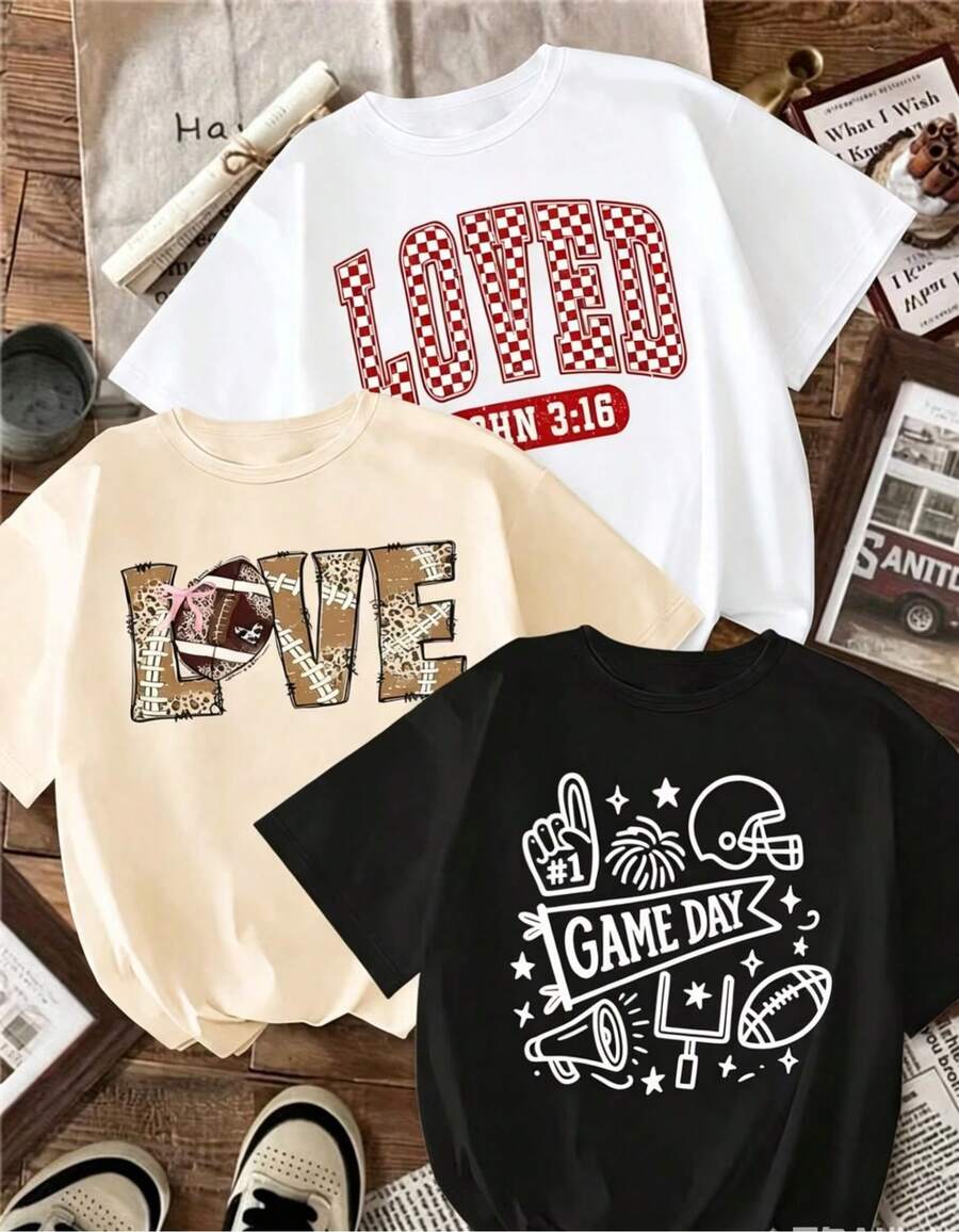 Camiseta de 3 piezas/set de camisetas de manga suitable for streetwear, Top oversized cuello redondo daily outings, camping, concerts, hip-hop, rock, and rap events Elementos de Rugby, Estampado de Amor y Cuadros con Retazos de Rugby, Conjunto de Pieza, Top Casual de Manga Corta y Cuello Redondo para Verano y Primavera, Conjunto de Varias Piezas, Ropa de Mujer - Blanco - Ver 1