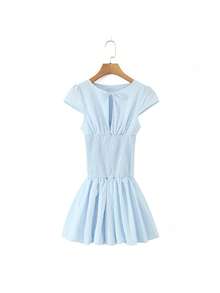 Vestido corto corte flor con patrón a cuadros, estilo europeo-americano fresco y dulce, diseño entallado de gran elegancia y glamour francés - Cuadros azules - Ver 9