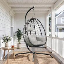 Foldable Egg Chair With Stand, 485LBS Capacity Wicker Rattan Hammock Swing Chair For Outdoor & Indoor, Hanging Chair With Strong Frame & UV Resistant Cushion For Balcony, Bedroom, Cream - Cream - View 1