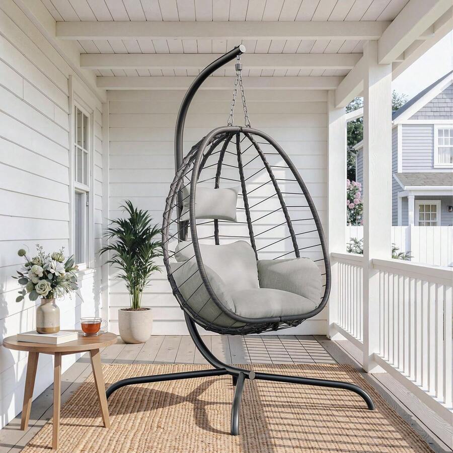 Foldable Egg Chair With Stand, 485LBS Capacity Wicker Rattan Hammock Swing Chair For Outdoor & Indoor, Hanging Chair With Strong Frame & UV Resistant Cushion For Balcony, Bedroom, Cream - Cream - View 1