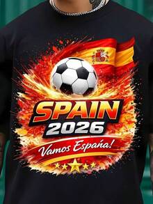 Puede incluir una camiseta negra adornada con un diseño de balón de fútbol y la bandera de España. Es una camiseta versátil y básica autorizada para la Copa del Mundo, ideal para usar en verano, salidas casuales, entrenamientos en casa, actividades al aire libre, viajes a la playa, y disponible en tallas grandes. - Negro - Ver 1