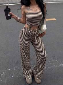 HoloChill Damen Lässig Farbblock Streifen Set, Sommer 2026 Neuankömmling, Bandeau Tanktop mit lockerem Kordelzug, vielseitige lange Hose mit Taschen, 2-teiliges Set, Damen Sommer Outfit, Partywear, Strandurlaub Wear, Lässig Ausgehen Wear, Elegantes Damen Set, Damen Strandurlaub Outfit, Damen Lässig Wear, Weltmeisterschaft, Abschlussball, Luxus, Unabhängigkeitstag, Fußball, Herbstkleidung - Kaffeebraun - Übersicht 7