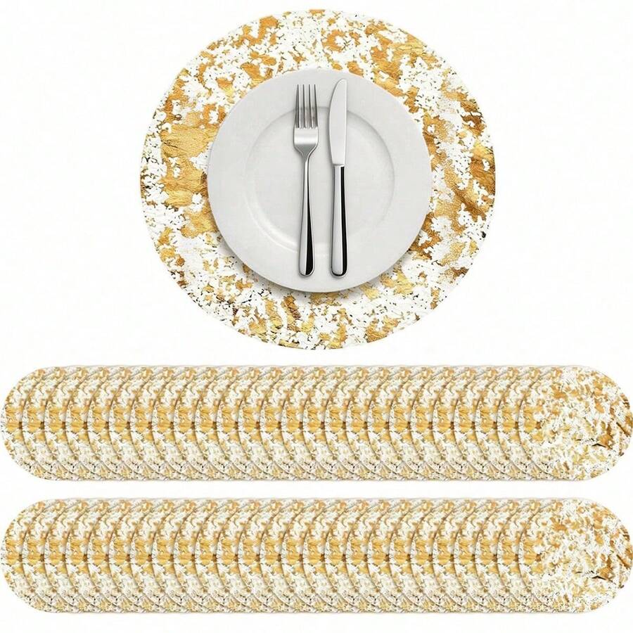 1 Set Disposable Gold Placemats, 13-Inch Round Gold Foil Mesh Pressed Autumn Dining Table Mats, Gold Metal Thin Net Table Flags, Suitable For Home Decor, Dining Table, Wedding, Birthday Party