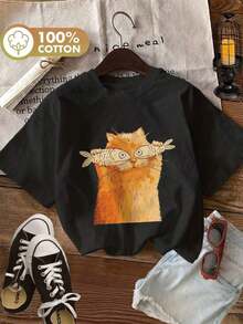 ropa de mujer Moda Primavera/Verano Estilo de dibujos animados de verano Estampado de gato y pez Camiseta de manga corta casual con cuello redondo de algodón puro Apta para tallas grandes, top lindo, estilo retro Y2K, corte holgado. Suave y delicado con la piel, camisas de mujer - Negro - Ver 1
