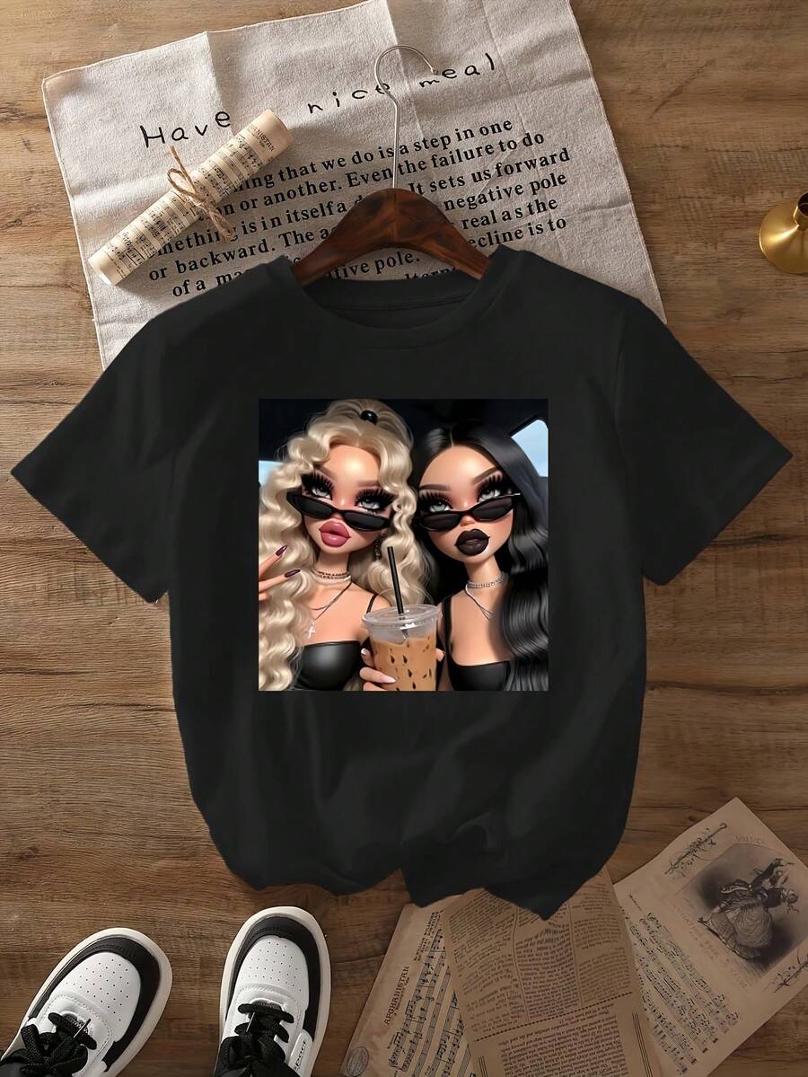 Camiseta unisex de manga corta, divertidaMuñecaImprimirCamisetaDe manga cortaRedondoCuelloInformalSuperior,AdecuadoparaPrimaverayVeranoDesgaste,MujeresRopa.playerashombre, , , Dazymujer,romwehombres, bohochic,maestrasregalos,camisetaparaconjuntos de mujercon curvasparamu,y2k, - Negro - Ver 1