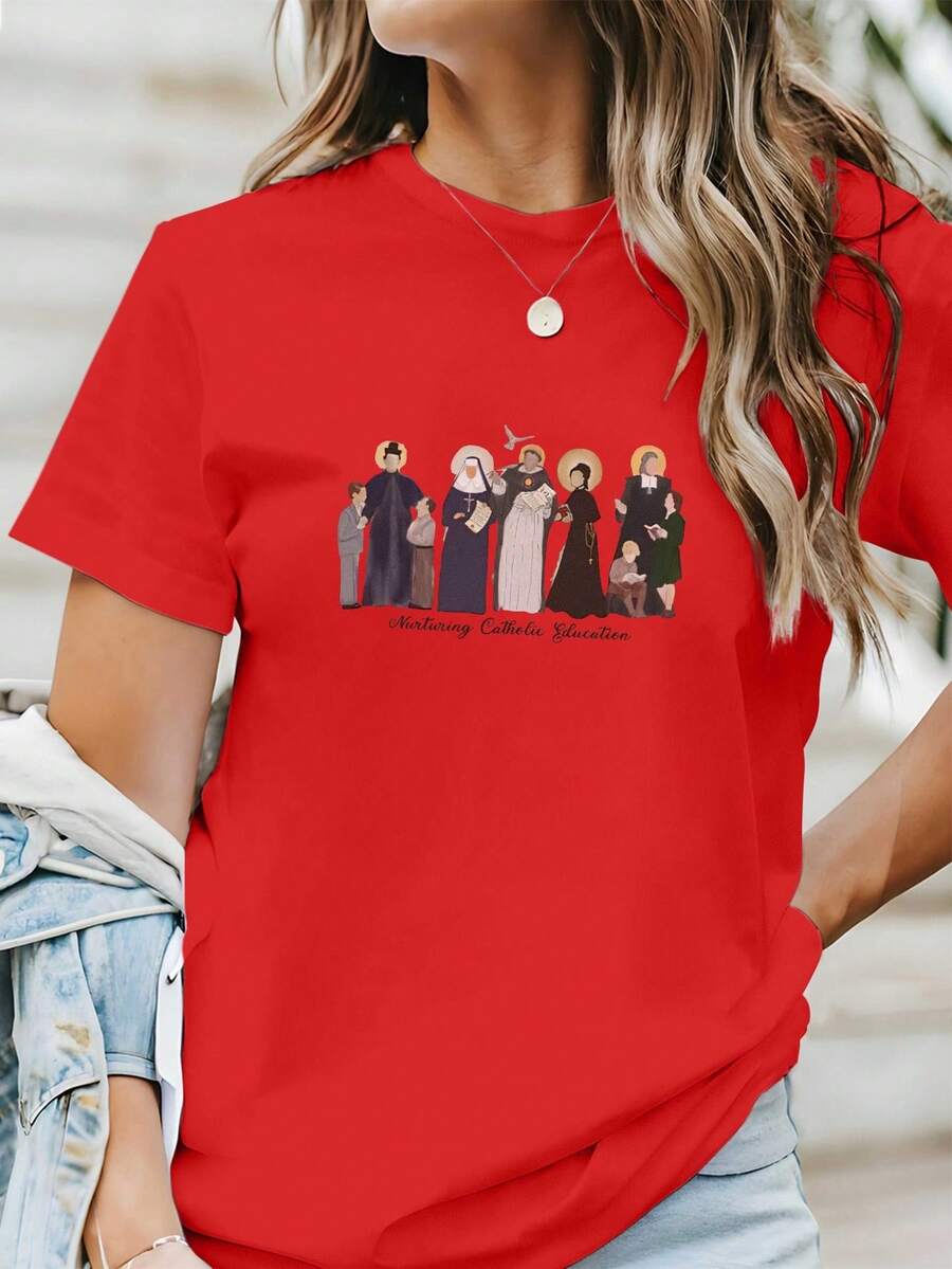 Camiseta de mujer con estampado de educación católica, blusa casual de manga corta, cómoda y versátil para mujeres. - Rojo - Ver 1