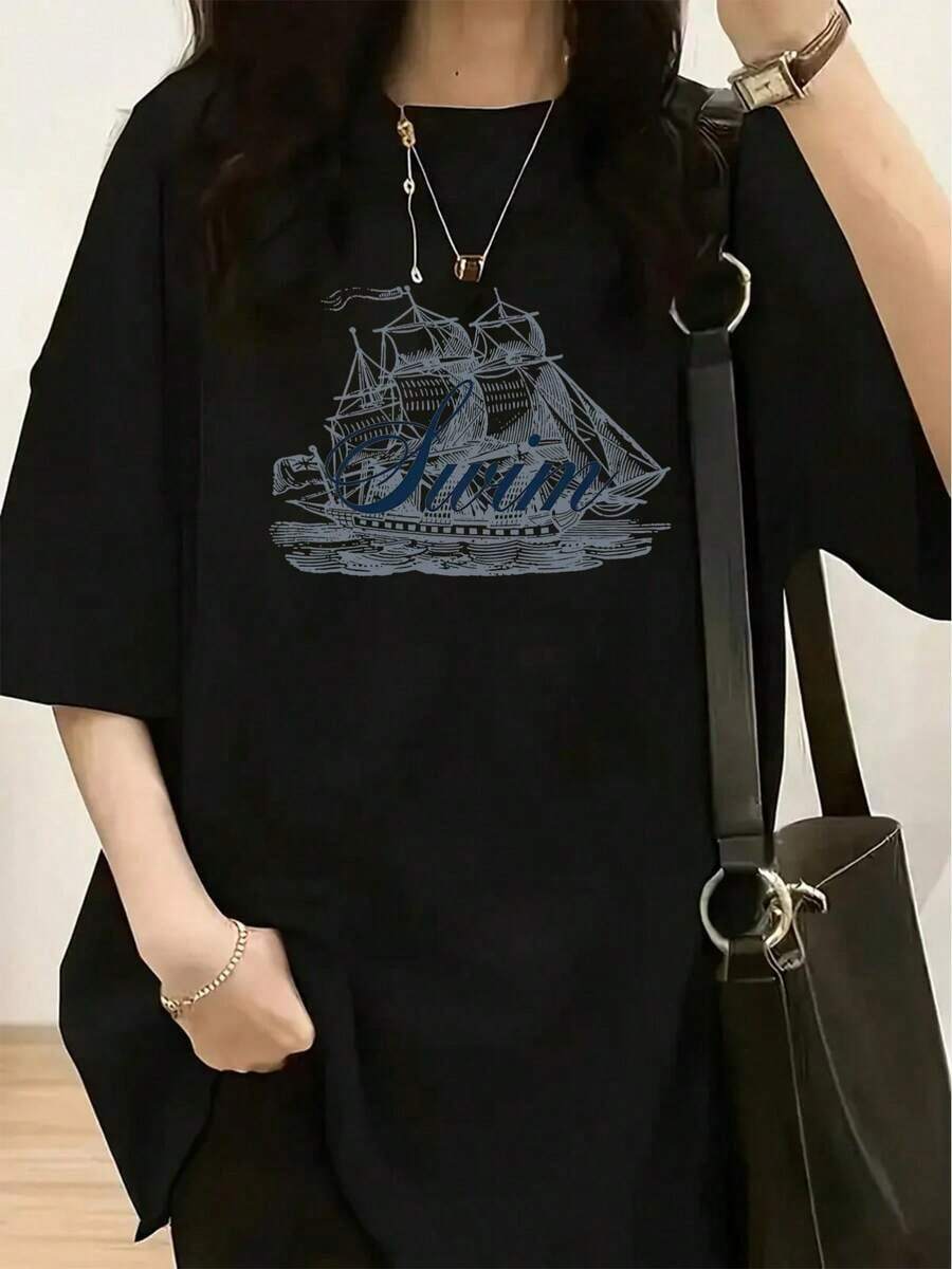 playeras de mujer algodon Camiseta de algodón puro para mujer, camiseta de algodón puro para mujer, camiseta con estampado vintage de barco de vela "Swim" - top casual de manga corta con cuello redondo para mujer, corte holgado, imprescindible para la moda de primavera y verano. >ropa - Negro - Ver 1