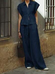 Conjunto informal de verano de 2 piezas de algodón de unicolor elegante para mujer Just Masa, incluye blusa holgada de manga corta con cuello vuelto y pantalones de pierna ancha con cintura elástica, adecuado para vacaciones, viajes, ir al trabajo, citas, playa y uso diario - Blanco - Ver 6