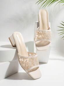NANBEI ZUO Women's Lace Mesh Square Toe Chunky Heel Mule Sandals, Suitable For Bridesmaids, Parties, Dates, Low Heel, Eid Al-Adha Gift - Beige - View 6