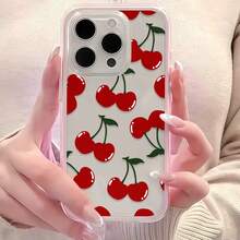 1pc Pink Framed Transparent Minimalist Lens Protection Anti-Fall Anti-Collision Cartoon Cherry Pattern Phone Case, Personalized For IPhone 16 Pro Max, 17/16/15/14 Plus/13/12/11, Air, Applicable To Series - Multicolor - View 3