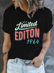 Playeras de Mujer de Algodón Oversize Moda 2026 Edición Limitada 1964 Ropa de Mujer Camiseta Cómoda Suave Sencilla para Uso Diario Top de Manga Corta - Negro - Ver 7
