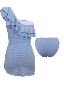 2026 Swim Lushoire Conjunto de ropa de verano para mujer, top de un hombro con volantes de tela de punto a rayas azul y blanco, y Bottom de triángulo regular - Azul y blanco - Ver 7