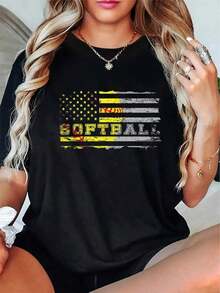 Camiseta de Moda 100% Algodón con Bandera Americana para Fanáticos del Softbol, Estilo Vintage, Unisex, Holgada, de Manga Corta y Cuello Redondo - Negro - Ver 1