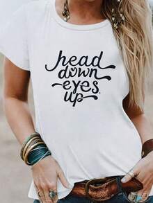 Camisetas de moda de algodón de talla grande para mujer 2026, camiseta casual de manga corta con cuello redondo para mujer, tejido de punto 100% poliéster, longitud regular, patrón geométrico, diseño gráfico "Head Eyes Up", fuente audaz y divertida, ligera y suave, lavable a máquina, adecuada para todas las estaciones, ideal para uso diario casual, camiseta de mujer cómoda, suave, sencilla para uso diario, top de manga corta. - Blanco - Ver 7