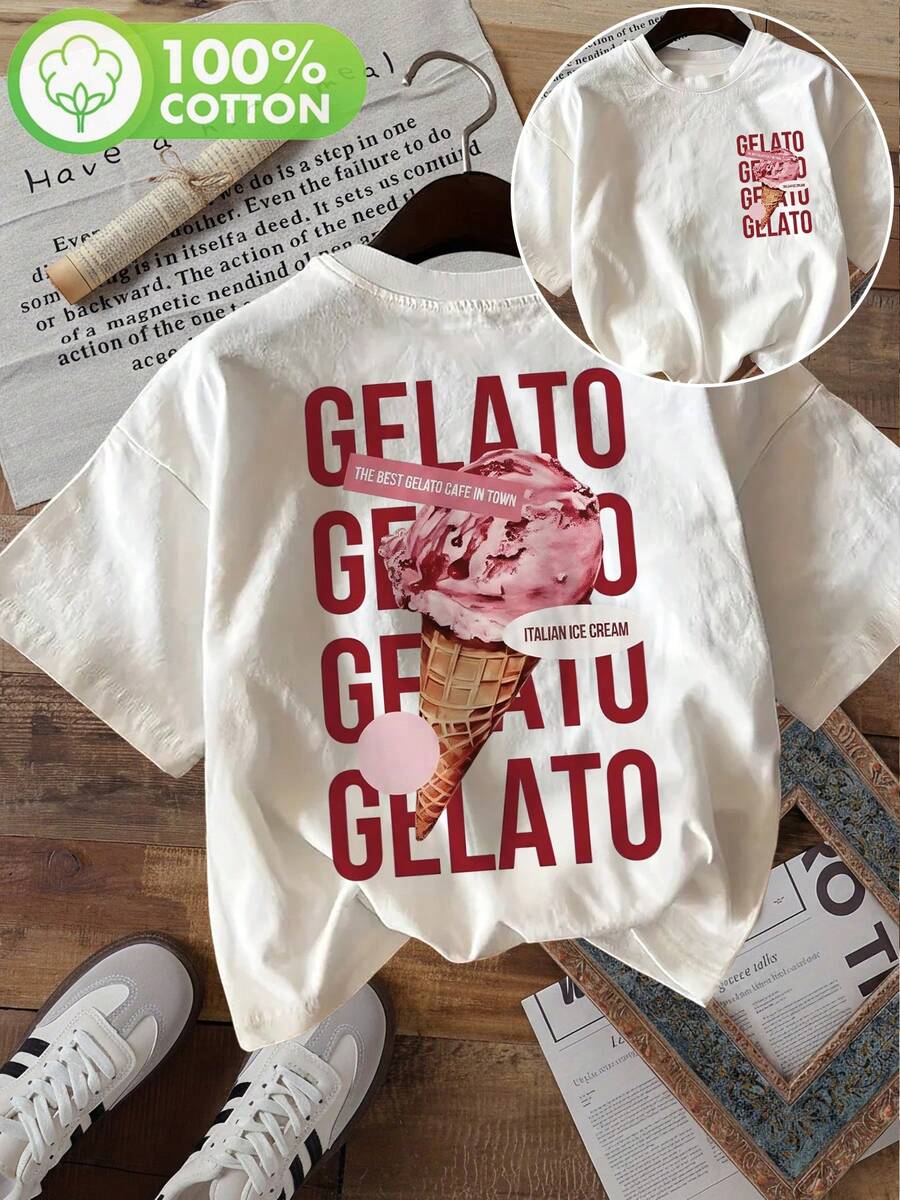 Playeras de mujer con estampado de doble cara, top de moda para mujer, ropa de verano para damas, elemento de dólar dulce, estampado de helado y gelato rosa, cuello redondo, manga corta, camiseta pura, blusas casuales para dama. - Blanco - Ver 1