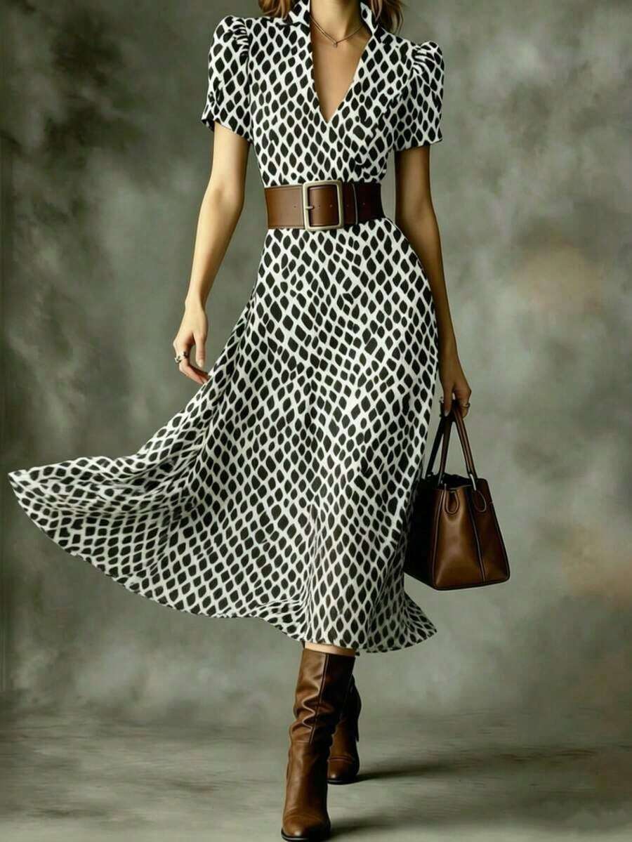 HUTENER (Cinturón no incluido) Vestido midi con estampado floral vintage, diseño de vestido largo retro francés, adecuado para ir al trabajo, citas y vacaciones de verano elegantes - Blanco y Negro - Ver 1