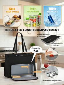 2-In-1 Insulated Lunch Tote Bag With 15.6" Laptop Compartment, PU Leather Work Tote Bag With Cooler Section, Waterproof Leakproof Lunch Box Handbag, Large Capacity Shoulder Bag For Office, Picnic, Travel, Commuting - 黑色 - 查看 3