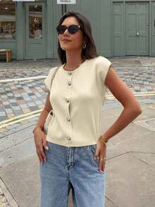 Camiseta sin mangas de punto para mujer, nueva colección primavera/verano, de estilo minimalista y elegante, con cuello redondo, diseño sin mangas, decoración con botón con forma de corazón, top corto y ajustado en color rosa, adecuado para uso casual, trabajo, viajes, citas, ceremonias de graduación y fiestas - Albaricoque - Ver 5