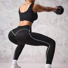 MewMuse. Seamluxe  Sport 1 pieza Leggings de yoga para mujer con patrón de rayas de contraste en blanco y negro - Blanco y Negro - Ver 8