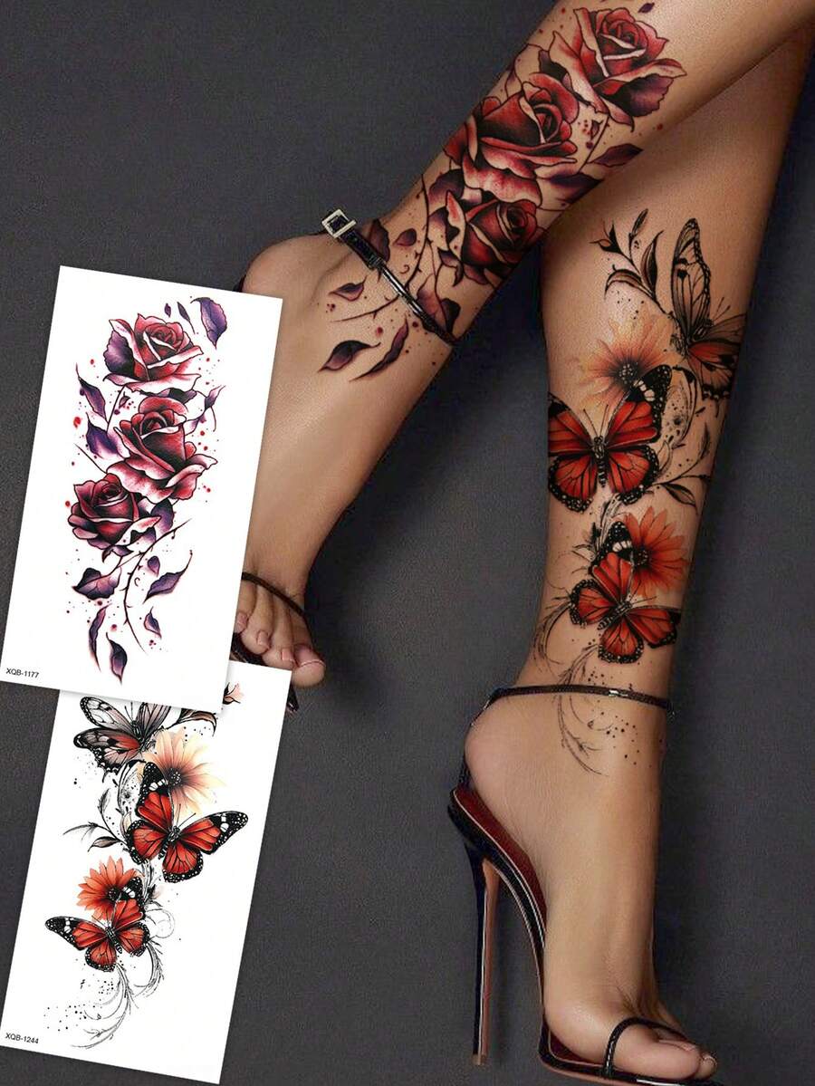 2张女士花卉临时纹身贴纸，玫瑰和蝴蝶图案，适用于手部、手臂，日常及节日身体装饰