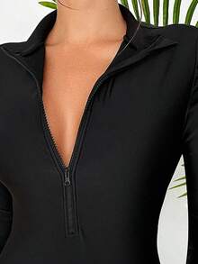 2026 Swim SPRTY Women's Minimalist Solid Color One-Piece Swimsuit With Zipper Closure, Suitable For Spring/Autumn Beach Vacation - 黑色 - 查看 3