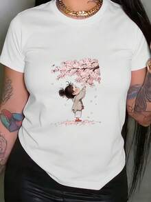 Camiseta de mujer con estampado de flores de cerezo, top casual de manga corta y cuello redondo, adecuada para verano y primavera, ropa de mujer, tops para mujer. - Blanco - Ver 12