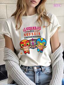 Camiseta de mujer con estampado de luchador de dibujos animados camiseta de manga corta blanca camiseta de cuello redondo suave y glutinoso micro elástico dise?o casual, fresco y transpirable personalidad deslumbrante moda estilo fresco blusa adecuada para el uso diario casual, cómodo y perezoso - Negro - Ver 1