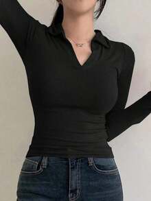 Camiseta de polo de manga larga, ajuste ceñido, unicolor, casual, para otoño y verano - Negro - Ver 5